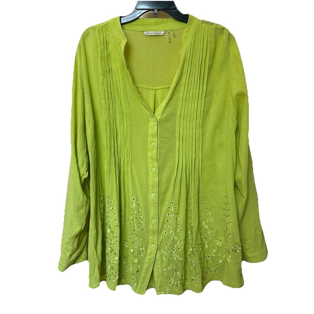 Soft Surroundings Lime Green Embroidered Button-Front Blouse